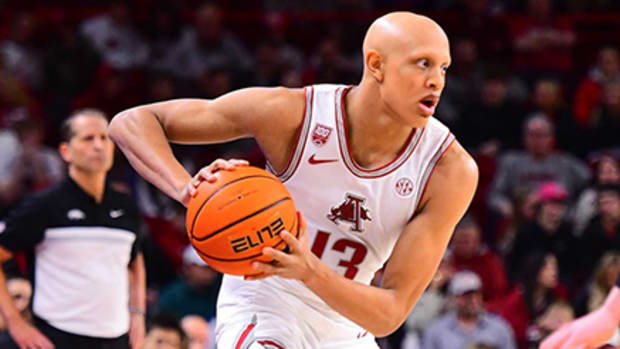 Arkansas Razorbacks forward Jordan Walsh against the Texas A&M Aggies on Tuesday night, Jan. 31, 2023, at Bud Walton Arena in Fayetteville.
